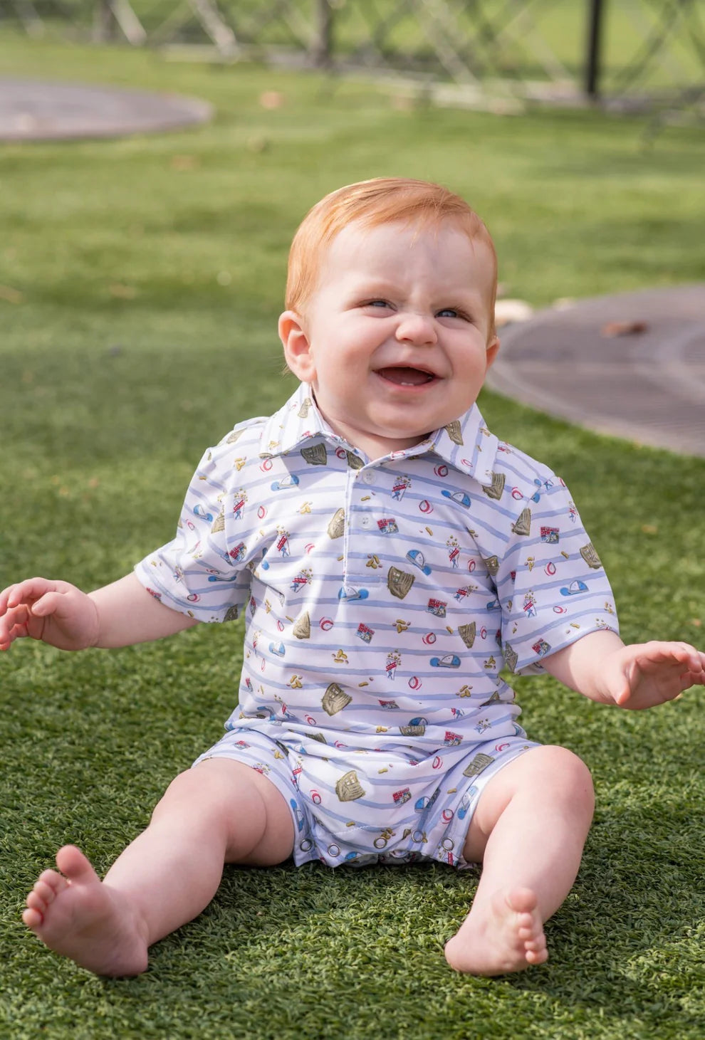 7th Inning Stretch Polo SS Romper-Blue Quail
