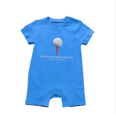 Saltwater Boys Tee Time Romper in soft fabric with classic golf ball graphic