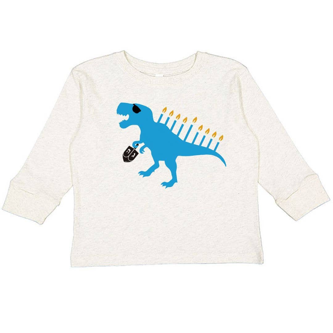 Natural heather long sleeve shirt with Menorasaurus graphic in blue, black, and gold