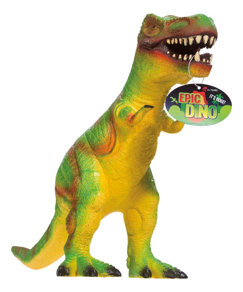 Toysmith Epic Dinos playset: four vinyl dinosaurs including T. rex, triceratops, velociraptor, and brachiosaurus