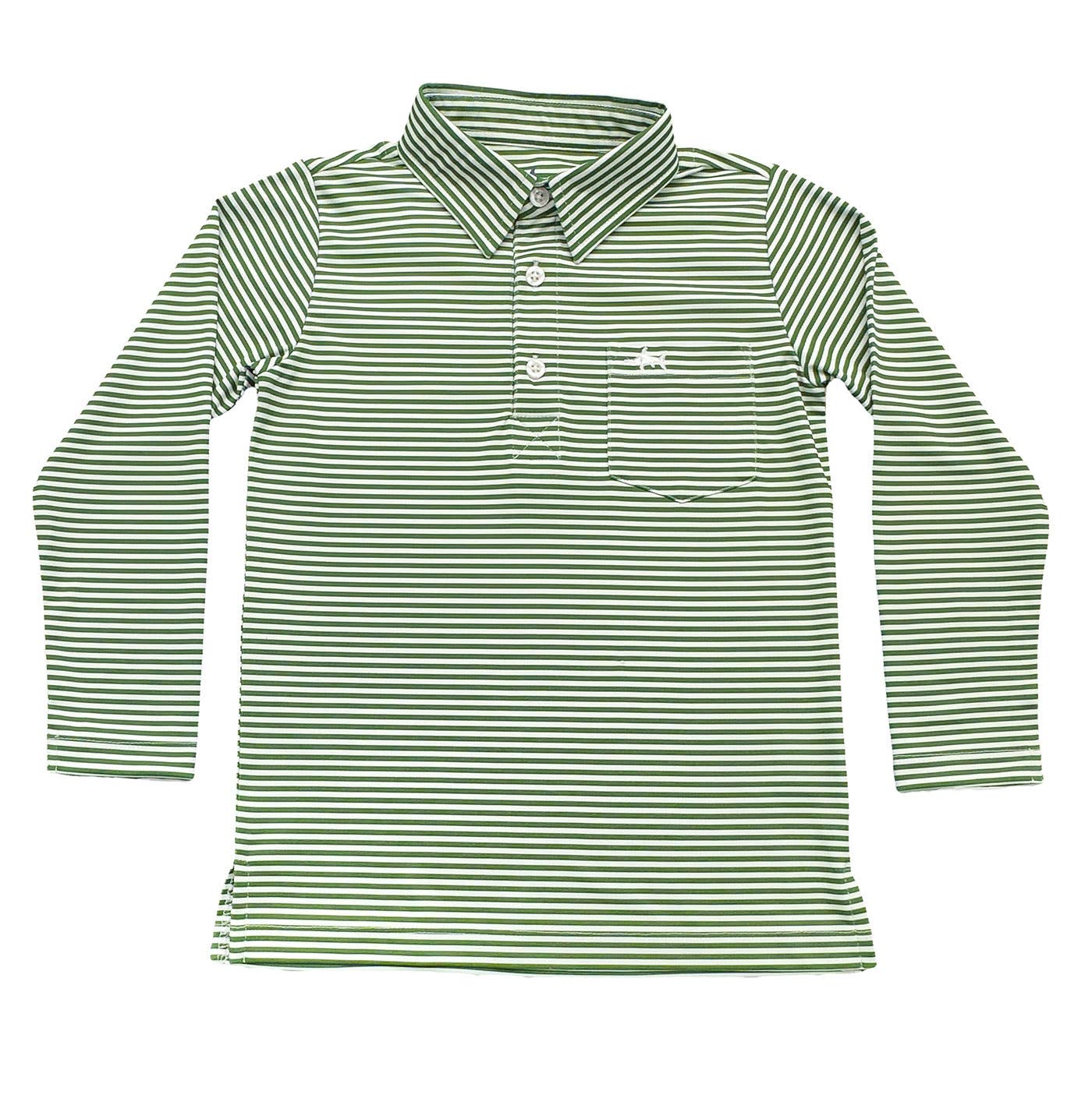 Boys long-sleeve inshore performance polo in green stripe with moisture-wicking fabric
