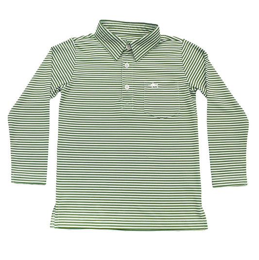 Boys long-sleeve inshore performance polo in green stripe with moisture-wicking fabric