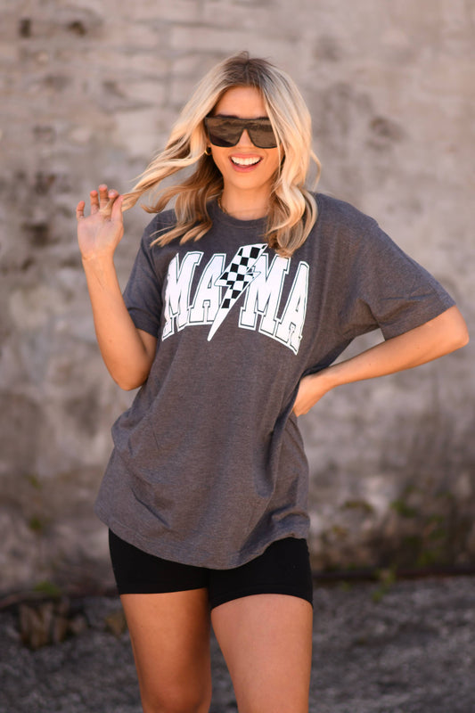Mama Checkered Bolt Tee in soft Tultex, screen-printed unisex design