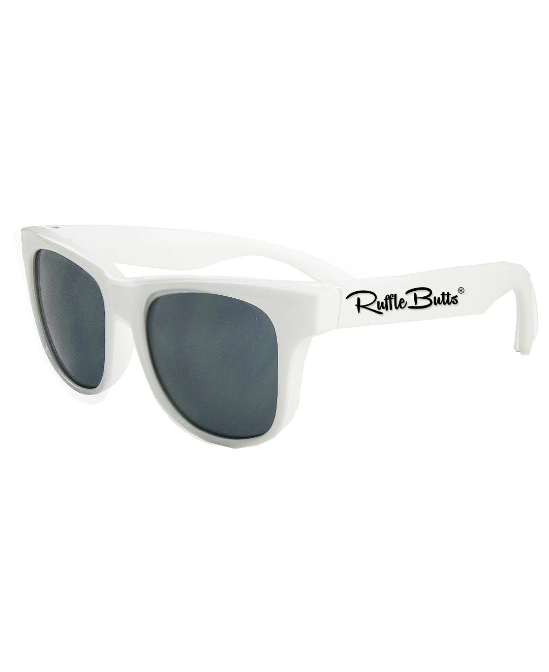 White children's sunglasses with shatter-resistant lenses and bendable rubber frames
