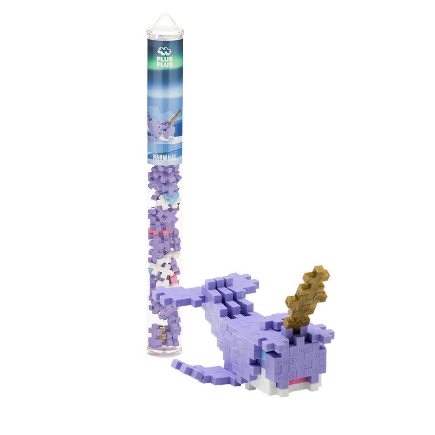 Plus-Plus Narwhal Tube with 70+ colorful interlocking pieces and reusable travel container