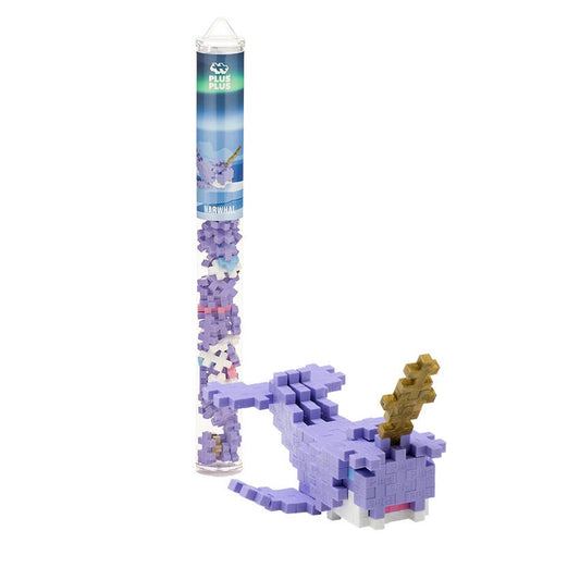 Plus-Plus Narwhal Tube with 70+ colorful interlocking pieces and reusable travel container