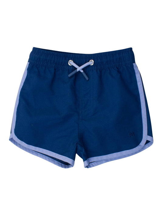 RuggedButts Boys Navy Dolphin Hem Swim Trunks with adjustable drawstring and UPF 50+ protection