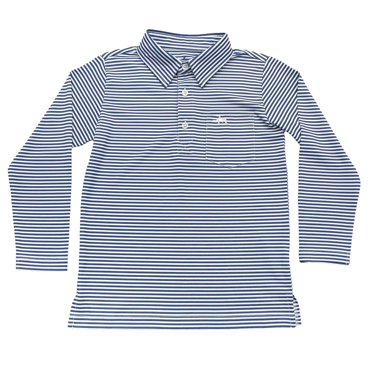 Navy striped long-sleeve boys polo with moisture-wicking four-way stretch fabric