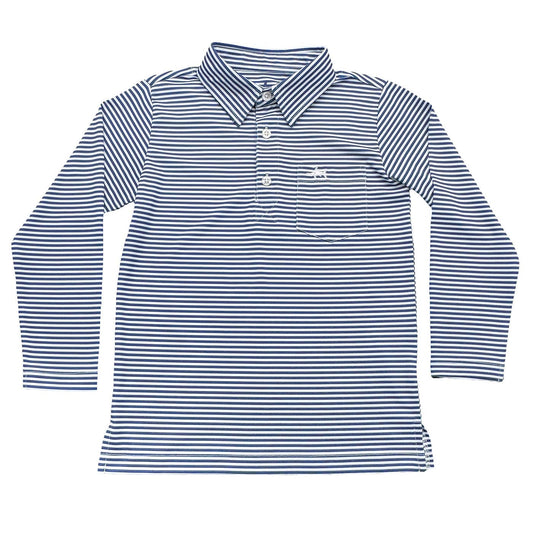 Navy striped long-sleeve boys polo with moisture-wicking four-way stretch fabric