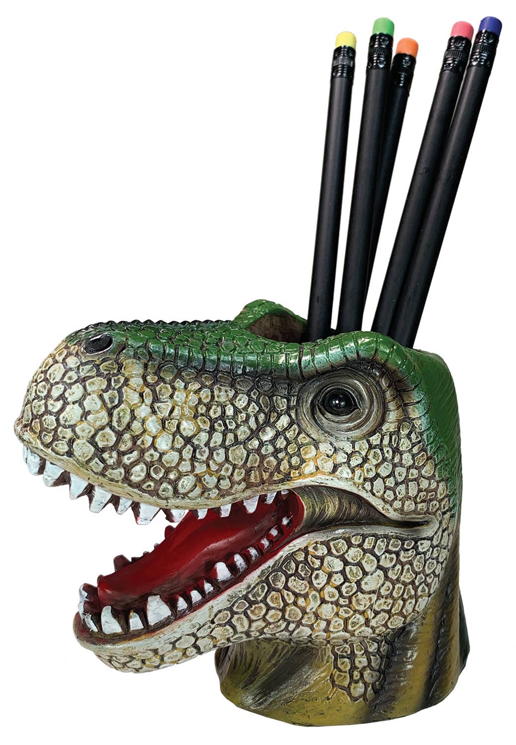 Green T-Rex-shaped polyresin pencil cup by Streamline