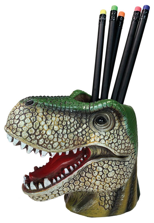 Green T-Rex-shaped polyresin pencil cup by Streamline