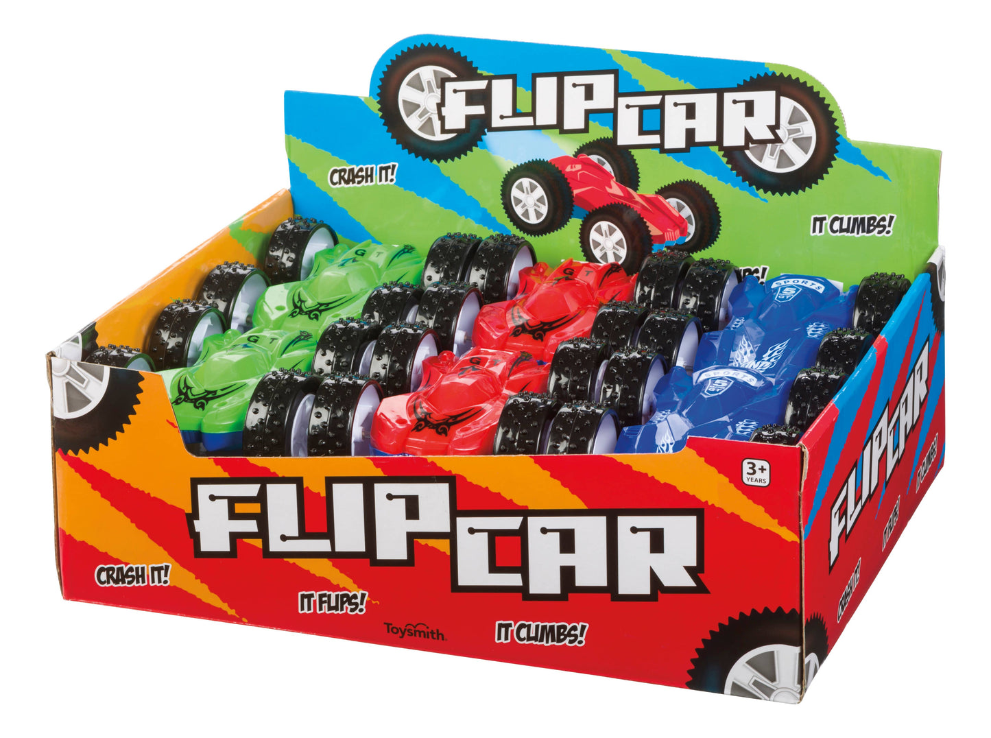 Toysmith Flip Car in red, blue, and green with all-terrain wheels; friction-powered, no batteries required