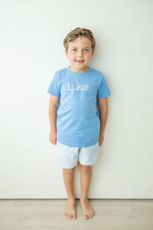 Love That Cotton boys short sleeve tee in sky blue, 100% cotton with double-stitched edges