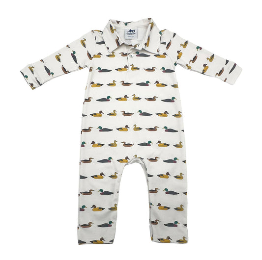 SBC Signature Polo LS Romper in Peruvian Pima cotton with three-button placket