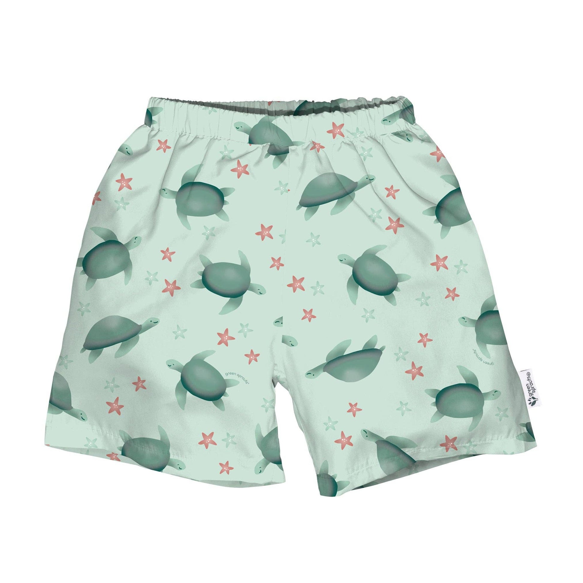 Light sage turtle eco swim trunks with built-in diaper by Green Sprouts, UPF 50+ protection