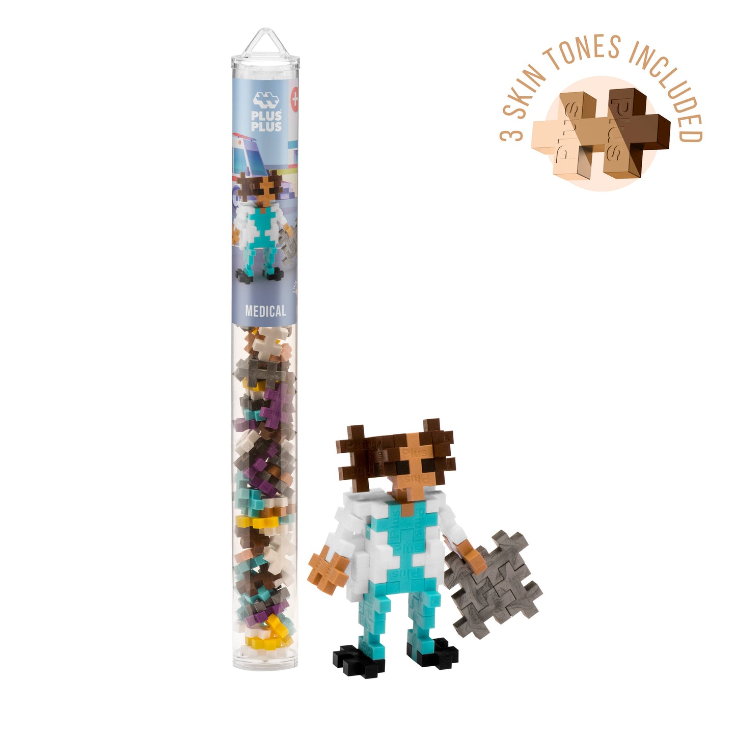 Plus-Plus Medical Tube 70 pc set with turquoise, white, yellow, and metallic pieces in reusable travel tube