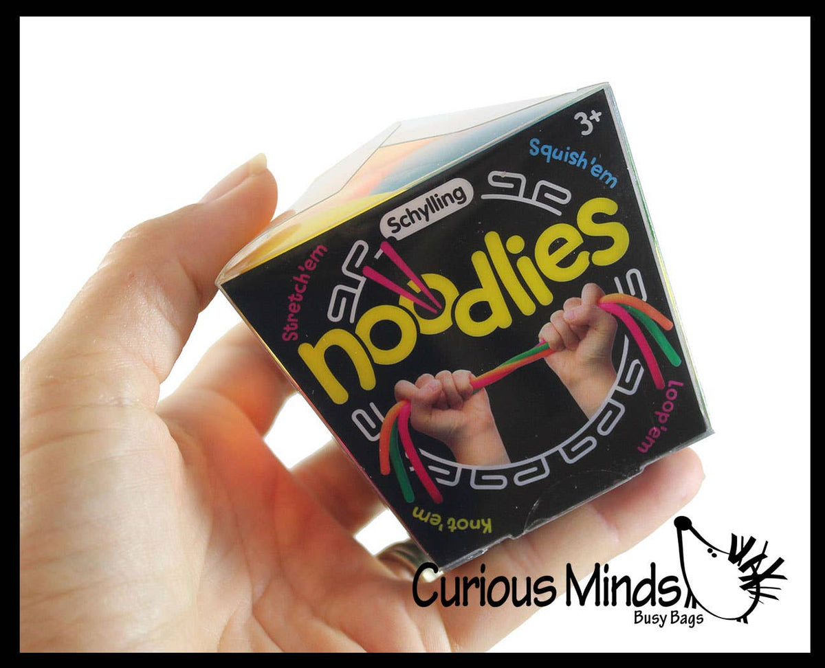 Noodlies 5 Stretchy Noodle Strings fidget toy set in bright neon colors, packaged in takeout box
