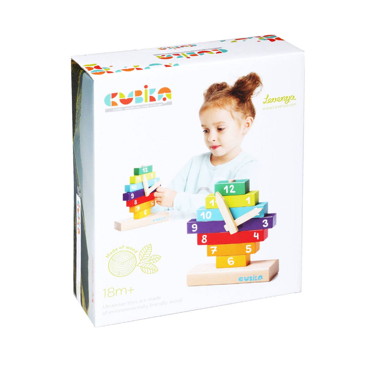Cubika wooden clock construction kit with ten organic wood pieces and magnetic hands