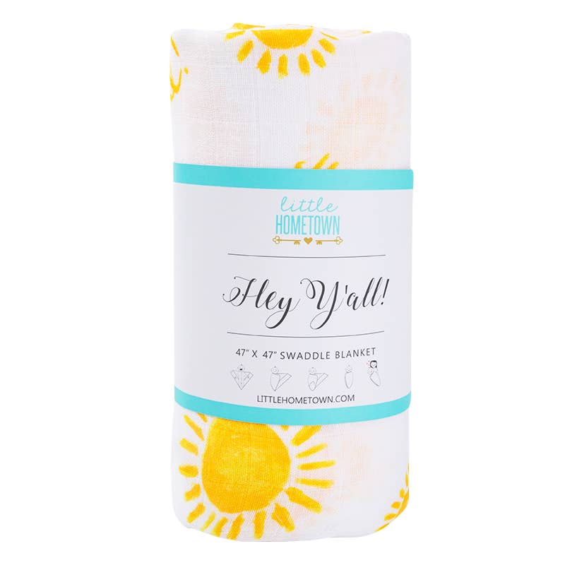 Hey Y'all Swaddle Blanket by Little Hometown, 47x47 inch muslin bamboo-cotton blend