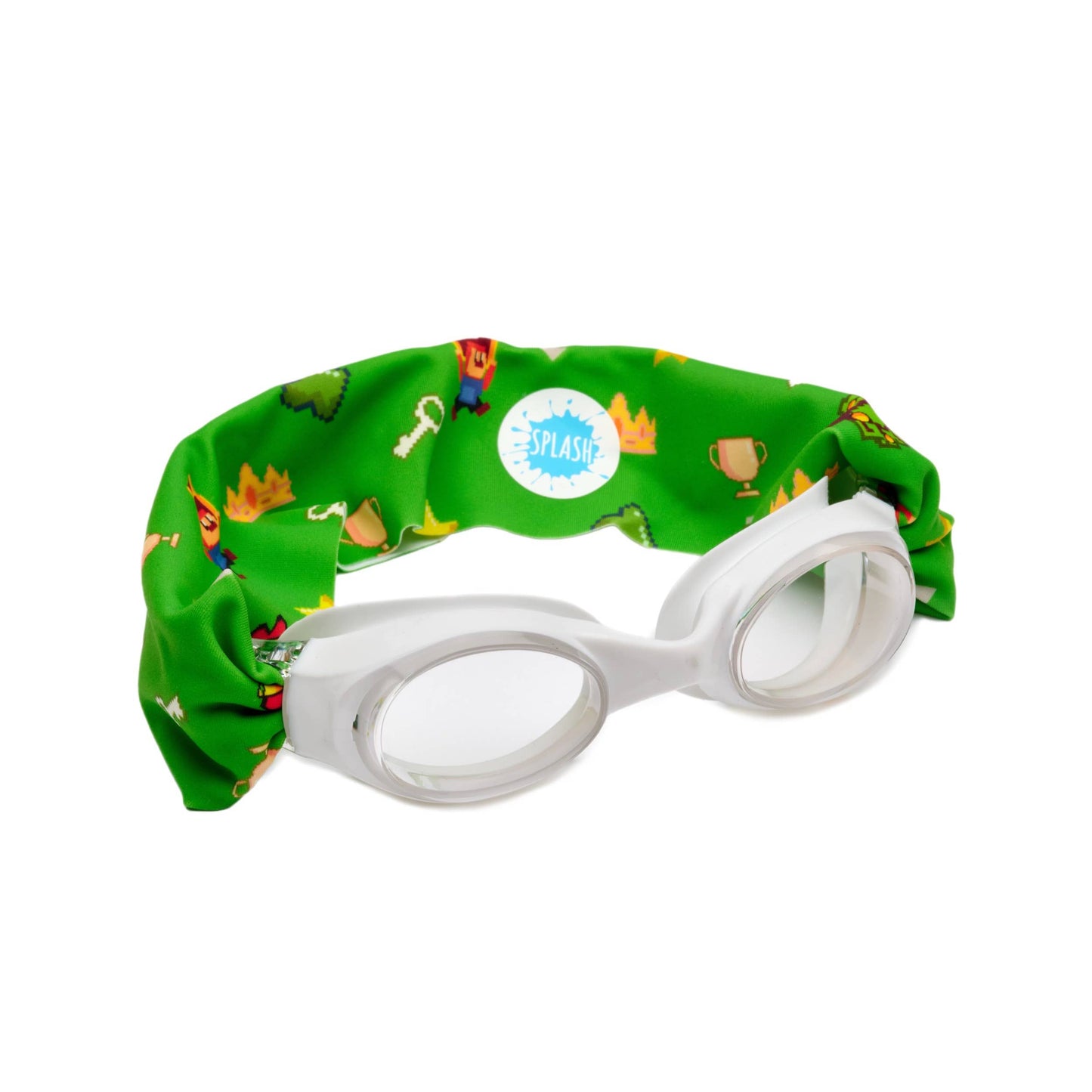 Level Up swim goggles with white frame, grey lenses, and green tangle-free strap in character print