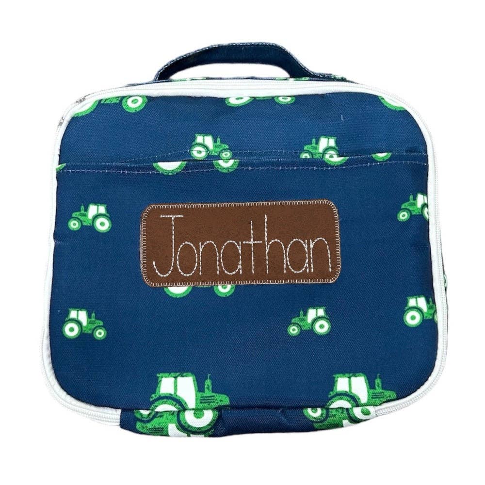 Navy boys lunch bag with subtle tractor pattern, 10x12x3 inches, insulated