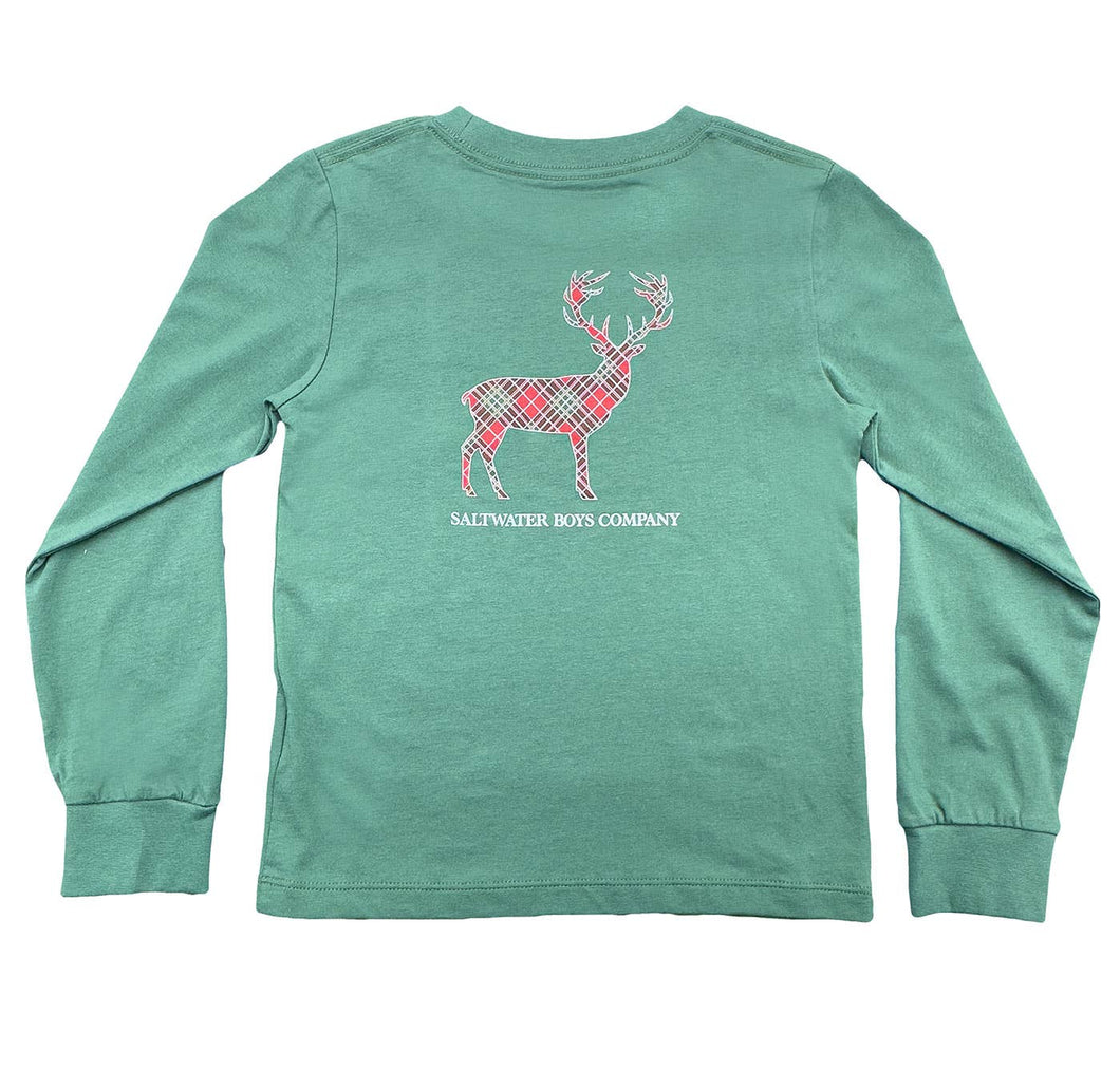 Saltwater Boys Company - Boys Plaid Deer graphic tee LS- Green