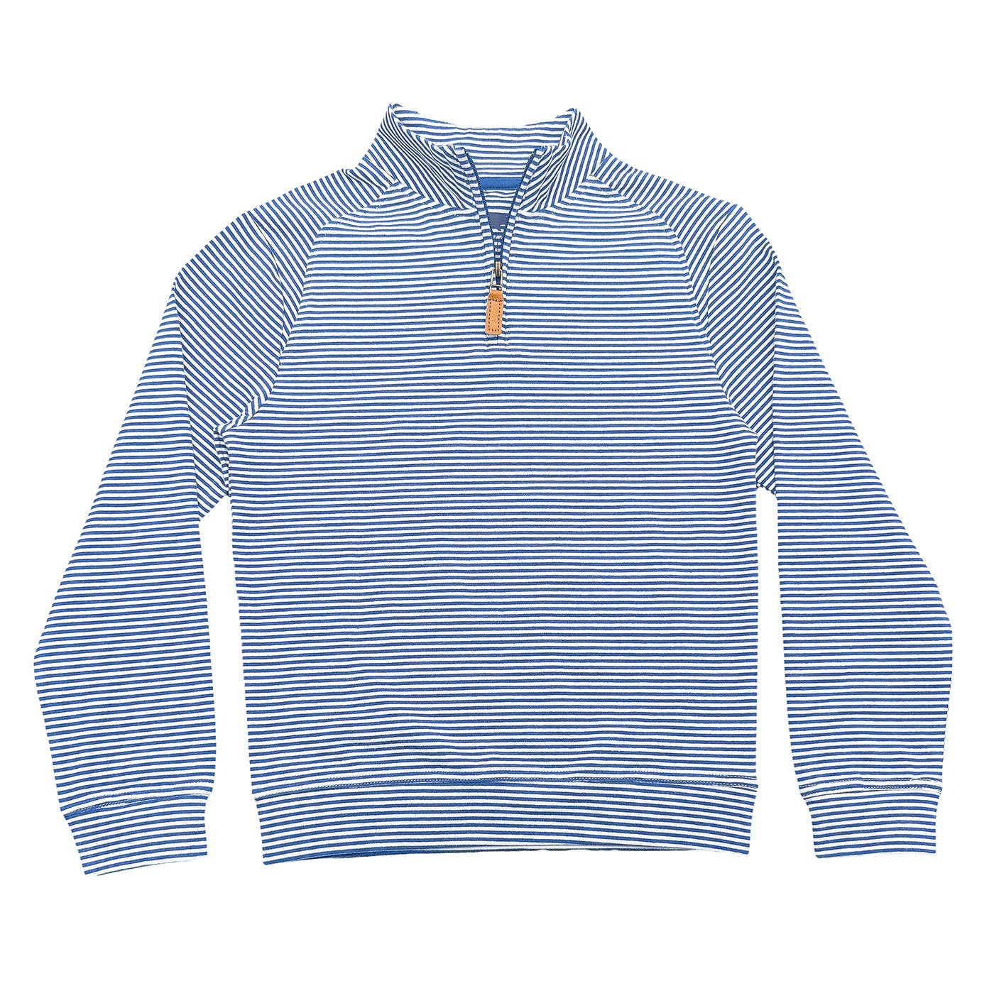 Saltwater Boys Collins Quarter Zip pullover in blue stripe, quarter zip closure with faux leather pull