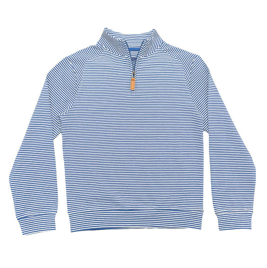 Saltwater Boys Collins Quarter Zip pullover in blue stripe, quarter zip closure with faux leather pull