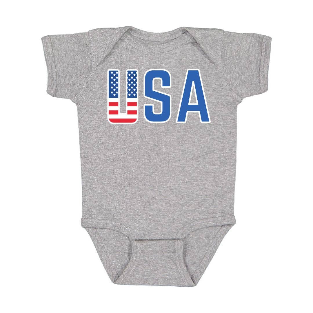 Heather gray USA Flag short sleeve bodysuit with red, white, and blue graphic by Sweet Wink