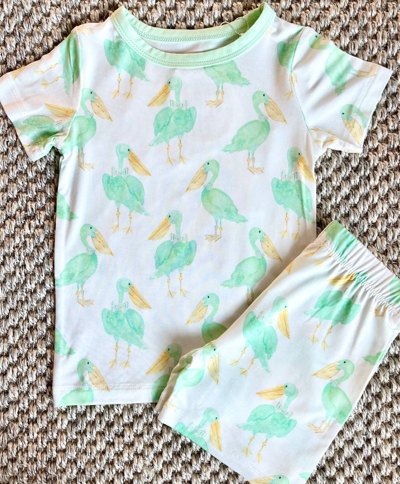 Mint watercolor pelican on white two-piece short pajama set in soft bamboo viscose by Sweet Bay Clothing