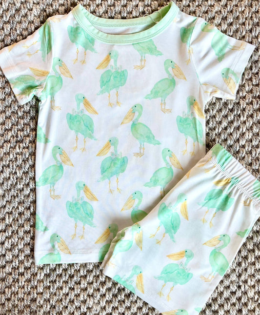 Mint watercolor pelican on white two-piece short pajama set in soft bamboo viscose by Sweet Bay Clothing