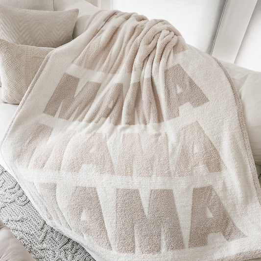 LĒ·LĀ·LŌ Mama Throw Blanket, 50×60 inch chenille in ivory, sand, and taupe
