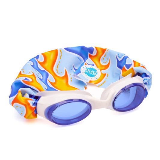 Blaze Swim Goggles with white frames, blue and orange flame print strap, and tinted blue lenses