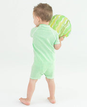 Load image into Gallery viewer, RuggedButts - Baby Boys Spring Green Seersucker Short Sleeve One Piece Rash Guard Swimsuit
