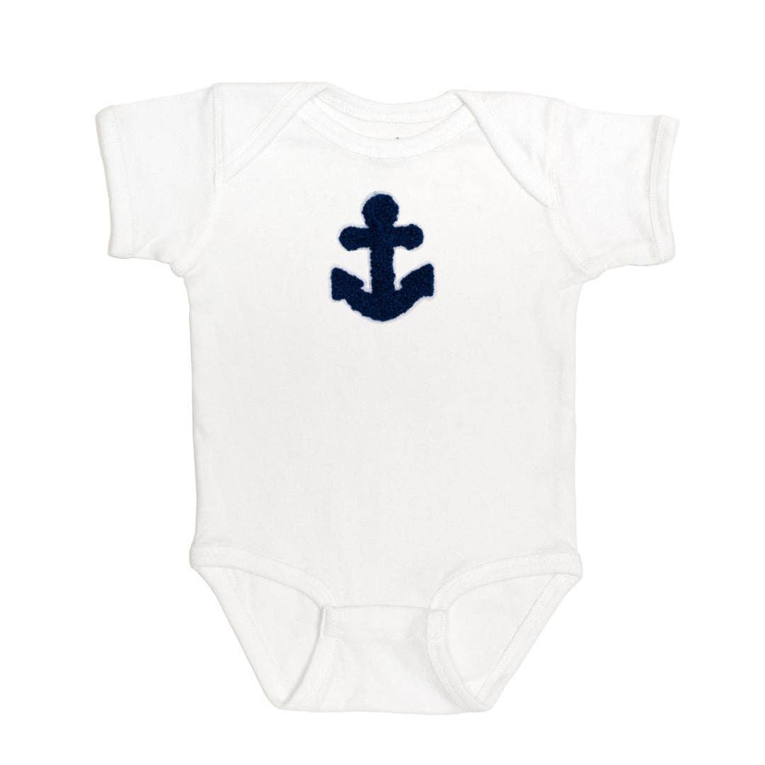 White short sleeve bodysuit with navy blue chenille anchor patch and white felt outline