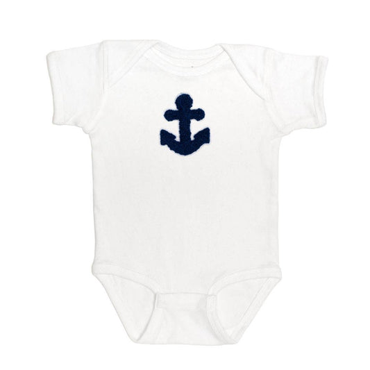 White short sleeve bodysuit with navy blue chenille anchor patch and white felt outline
