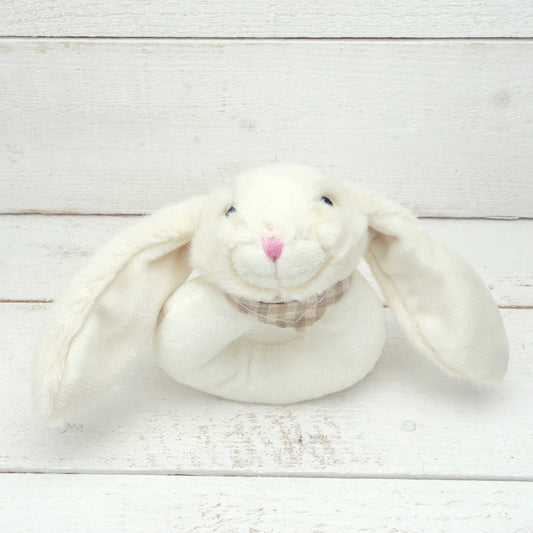 Cream-coloured soft bunny toy rattle, 10cm, with brushable fur texture by Jomanda
