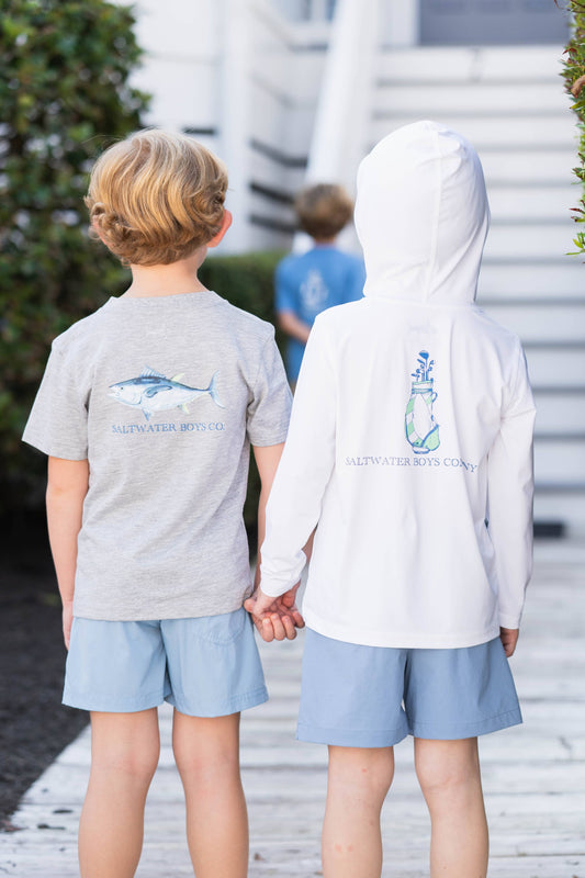 Saltwater Boys Golf Bag Performance Hoodie in neutral tone, showcasing refined golf-inspired design and athletic fit.