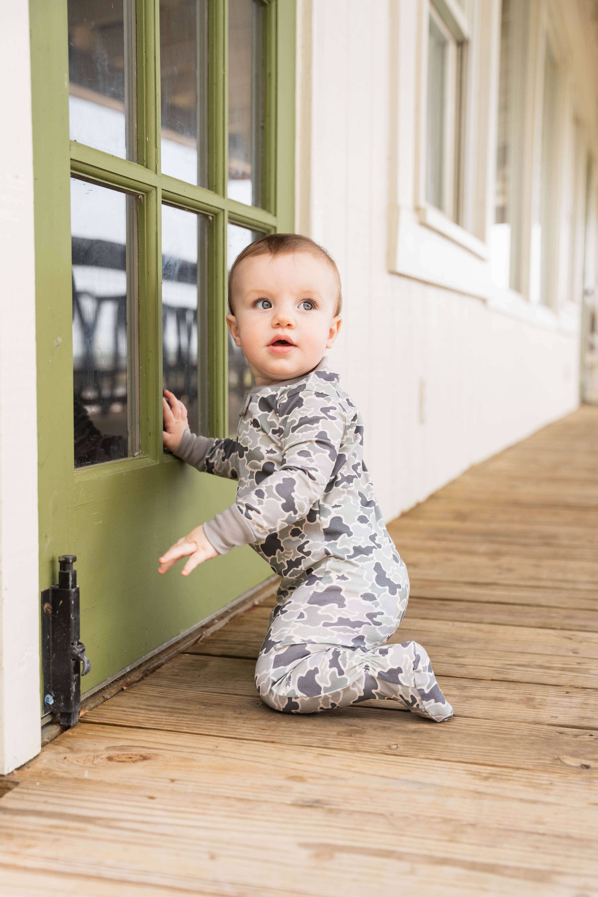 Saltwater Boys Mackay Pima Footie Romper in subtle camo print, featuring zippered closure