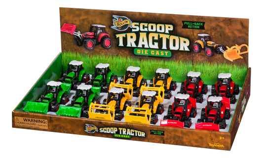 Toysmith die-cast metal tractors with pull-back motion in red, yellow, and green