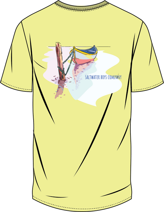 Big Canoe short sleeve graphic pocket tee in yellow by Saltwater Boys, 100% cotton