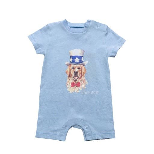 Patriotic Pup Romper in soft Peruvian cotton with patriotic lab design and snap closures