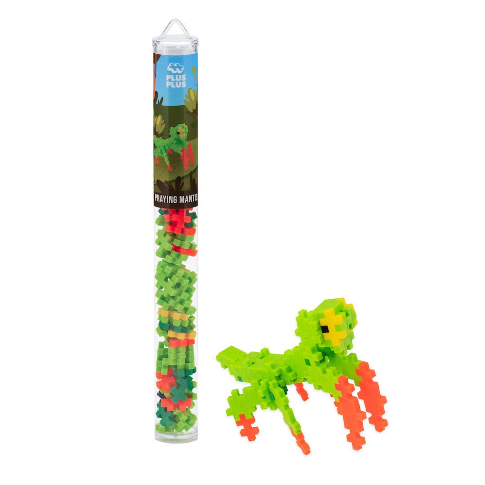Plus-Plus Praying Mantis Tube: colorful interlocking plastic pieces and reusable container for screen-free creative play.