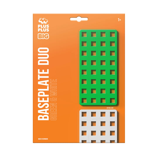 Two Plus-Plus BIG baseplates in green and white, ready for construction and creative building