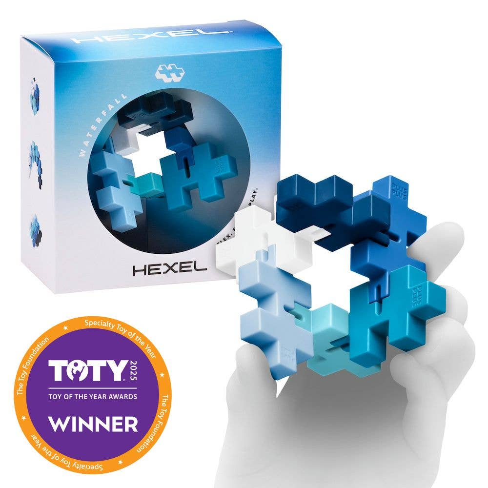 HEXEL Waterfall fidget toy with six interlocking Plus-Plus pieces connected by flexible cord