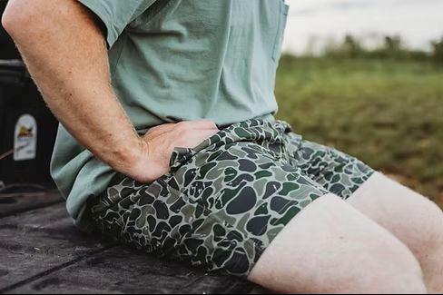 Fieldstone Backwoods Camo Shorts in refined camo pattern, 5-inch inseam