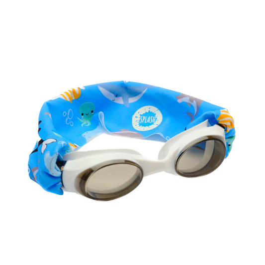 Ocean Friends swim goggles with white frames, sea animal print tangle-free strap, and tinted grey lenses