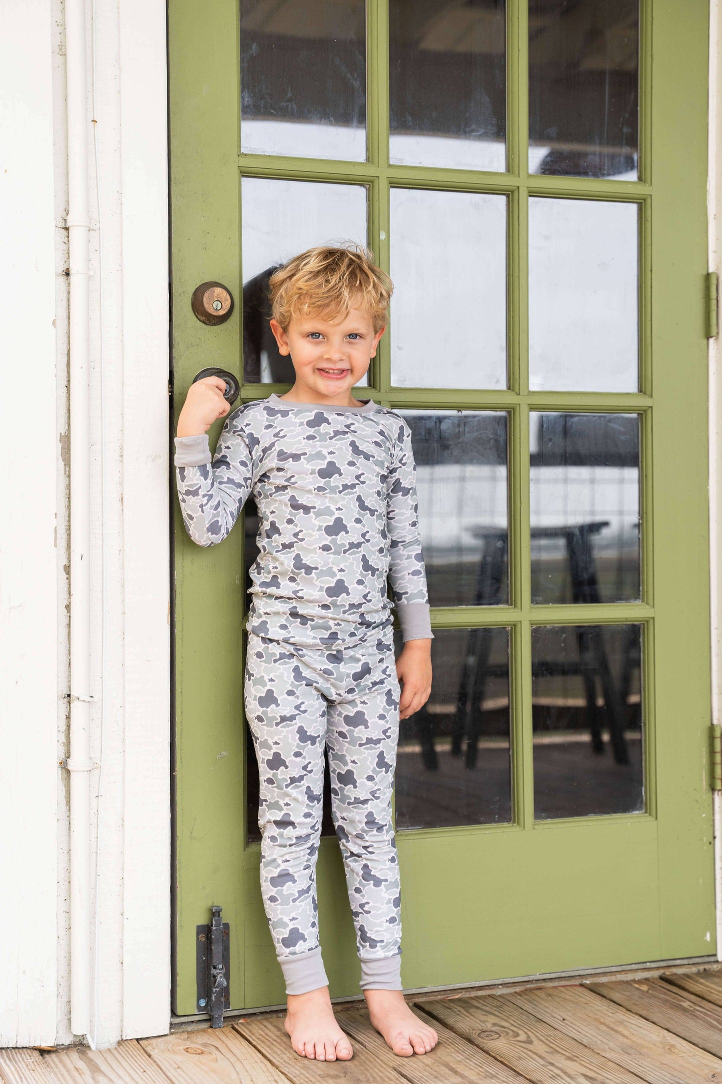 Saltwater Boys Jekyll two-piece pajamas in camo fish print, 100% Pima cotton