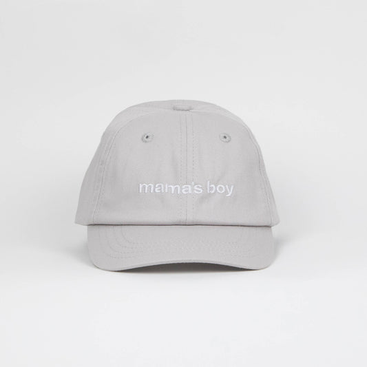 Light gray baseball dad cap with embroidered Mama's Boy detail, infant and toddler size