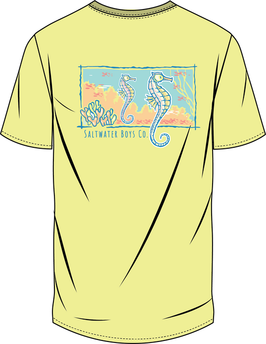 Saltwater Boys seahorse graphic pocket tee in yellow, 100% Peruvian cotton